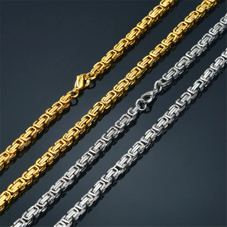 4mm Punk Male Gold Silver Color Stainless Steel Byzantine Box Link Chain Necklace for Women Men Vintage Fashion Jewelry Gifts