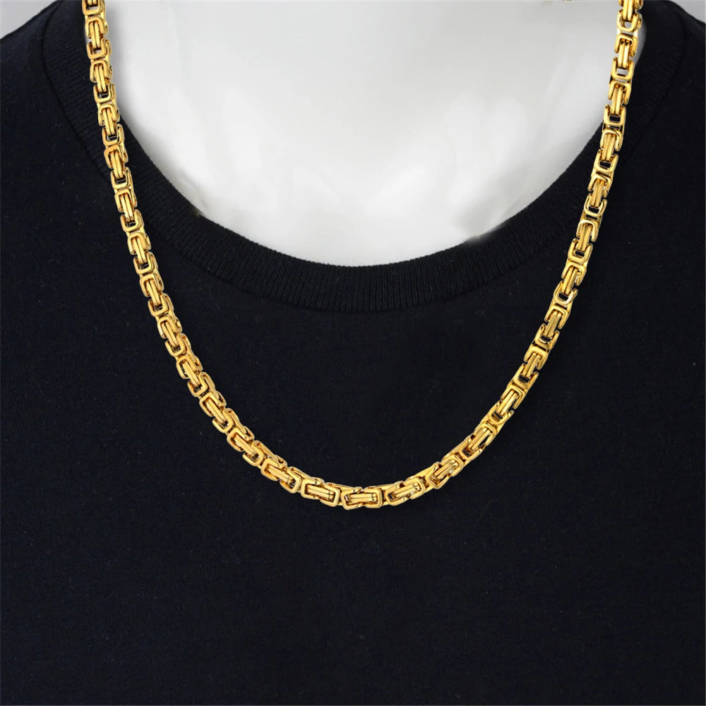 4mm Punk Male Gold Silver Color Stainless Steel Byzantine Box Link Chain Necklace for Women Men Vintage Fashion Jewelry Gifts